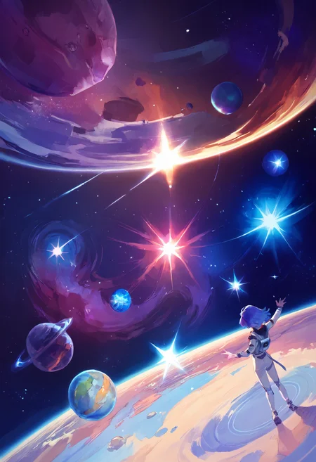 score_9,score_7_up, very wide shot, space, galaxy, nebula, planet, ground,dutch angle, [(female, solo, full body, standing, astronaut, fox ears, closed eyes, happy, looking at viewer, smile, open mouth, standing, blue eyes, arms at side:0.5)::0.1]