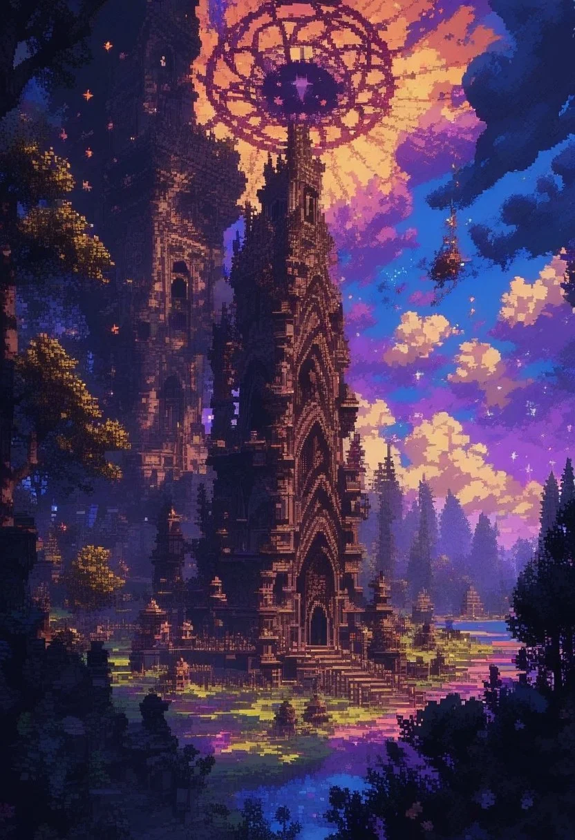 score_9, score_8_up, score_7_up, enchanting pixel art landscape, (ethereal:1.3) colors, (dreamy:1.2) atmosphere, whimsical trees, floating islands, sparkling stars, soft glow, by (Yoshitaka Amano:1.4), intricate details, vibrant palette, serene mood. d3p1x3l, pixel art,