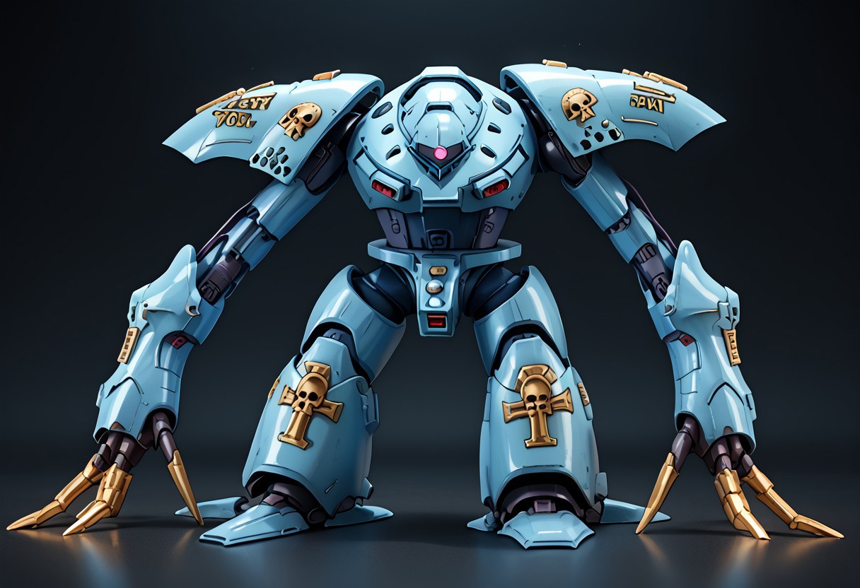 score_9, score_8_up, score_7_up, source_anime, front view, BREAK,  ( hygogg, blue_hygogg_armor, pink monoeye, from side, looking at viewer, long arms, very long arms, long claws) 1mech, blue mech, wide mech, large shoulders, large shoulder armor, mech focus, solo, BREAK, two arms, GreyK40k, bendy arms, gold trim, skull decorations, gold edges,
