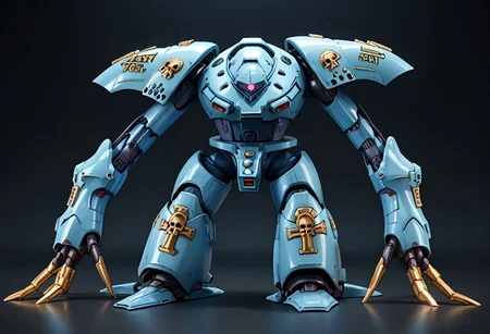 score_9, score_8_up, score_7_up, source_anime, front view, BREAK, ( hygogg, blue_hygogg_armor, pink monoeye, from side, looking at viewer, long arms, very long arms, long claws) 1mech, blue mech, wide mech, large shoulders, large shoulder armor, mech focus, solo, BREAK, two arms, GreyK40k, bendy arms, gold trim, skull decorations, gold edges,