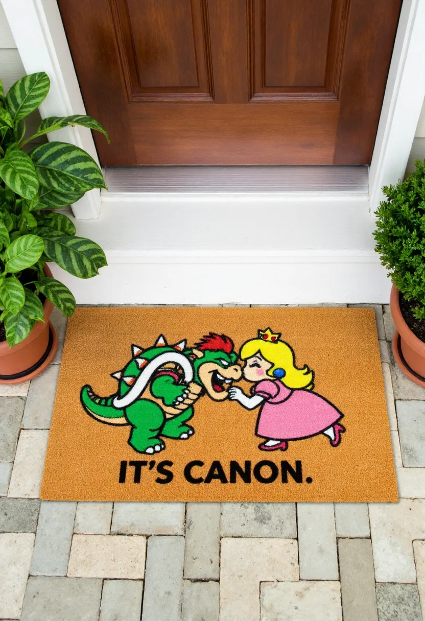 <lora:Welcome_Mat_Manufacturer_FLUX-000023:0.9>
The image is a photograph of a small outdoor entrance area, featuring a doormat with a humorous design. The doormat is rectangular and made of a textured, brown, coir material. It has a vibrant, whimsical design with the text "It's Canon" and Bowser and Princess Peach kissing