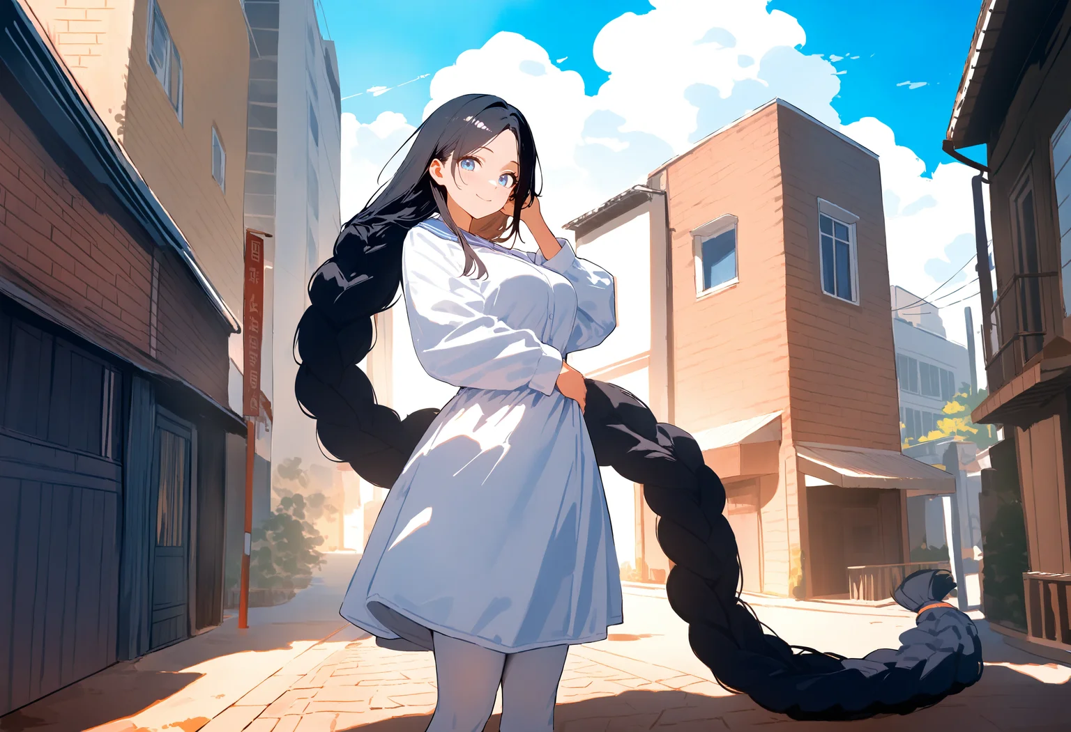 masterpiece, high score, great score, absurdres, year 2024
blue sky, clouds, sunshine, day
street, buildings, road
cowboy shot
wariza
smile, closed mouth, 
1girl, blue eyes, (black hair:1.0), parted bangs, straight hair
(gigantic braid:1.3), singled braid
medium breasts, white pantyhose, white pajamas
