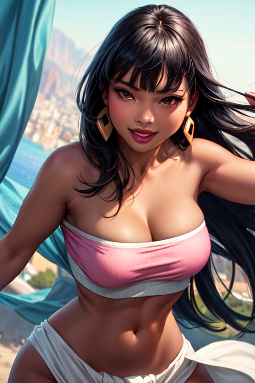 <lora:chel-10:0.7> chel, 1girl, solo, long hair, breasts, looking at viewer, smile, bangs, black hair, cleavage, bare shoulders, brown eyes, jewelry, earrings, midriff, dark skin, blunt bangs, bracelet, dark-skinned female, crop top, strapless, makeup, pelvic curtain, tube top, loincloth (masterpiece:1.2), (best quality), (ultra detailed), (8k, 4k, intricate),highly detailed:1.2),(detailed face:1.2), (detailed background),detailed landscape, (dynamic angle:1.2), (dynamic pose:1.2),  <lora:more_details:0.5>