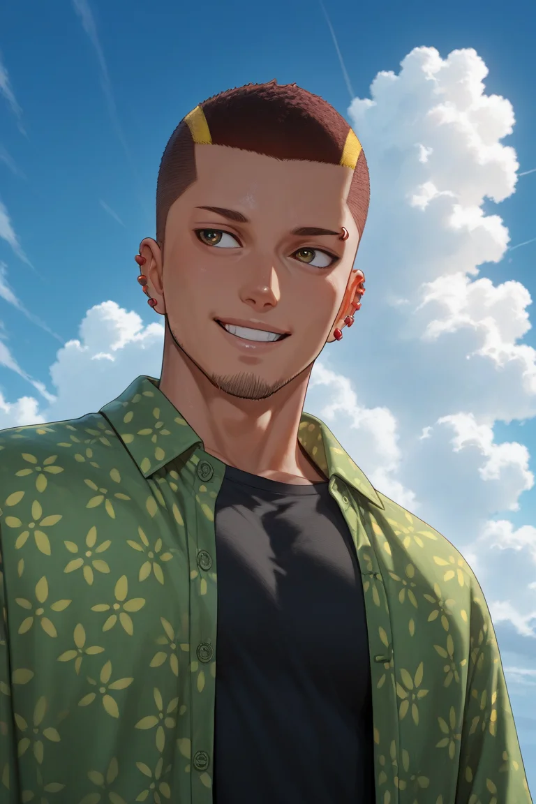 looking away, expressive happy face,male solo, solo, 1boy, UnjiZuma, facial hair, chin stubble, zuma_ear_piercings, zuma_eyebrow_piercing, zuma_oversized_shirt_with_flower_patterns, tight longsleeves, smiling, outdoors day clouds, blue sky, close up, upper body, from below, dutch angle, dynamic angle, dynamic action, atmospheric perspective, cinematic, intricately detailed illustration, depth of field, masterpiece, best quality, amazing quality, very aesthetic, absurdres, newest, masterpiece, best quality, amazing quality, very aesthetic, detailed eyes, perfect eyes, realistic eyes