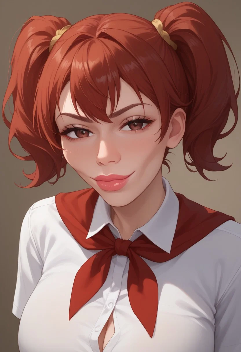 score_9, score_8_up,score_7_up <lora: Expressive_H:1>, expressiveh, elaborate eyes, beautiful, elaborate background, perfect eyes, expressive, 1 girl, visual novel character, sexy 20-year-old girl, solo,<lora: AlicePonyV1_close:0.8>, mi(short hair, red hair, two ponytails, shoulder-length ponytails, brown eyes, big breasts,), White shirt, plain red neckerchief,<lora:KzyGuyMeme:1> SkylerWhiteYo, closed mouth, smile, lips,
