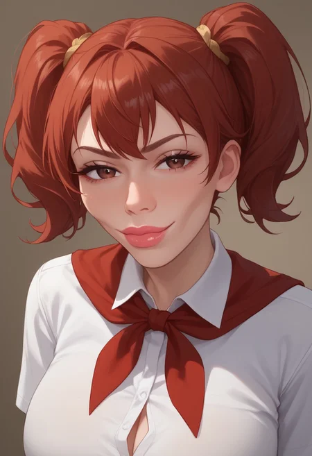 score_9, score_8_up,score_7_up <lora: Expressive_H:1>, expressiveh, elaborate eyes, beautiful, elaborate background, perfect eyes, expressive, 1 girl, visual novel character, sexy 20-year-old girl, solo,<lora: AlicePonyV1_close:0.8>, mi(short hair, red hair, two ponytails, shoulder-length ponytails, brown eyes, big breasts,), White shirt, plain red neckerchief,<lora:KzyGuyMeme:1> SkylerWhiteYo, closed mouth, smile, lips,