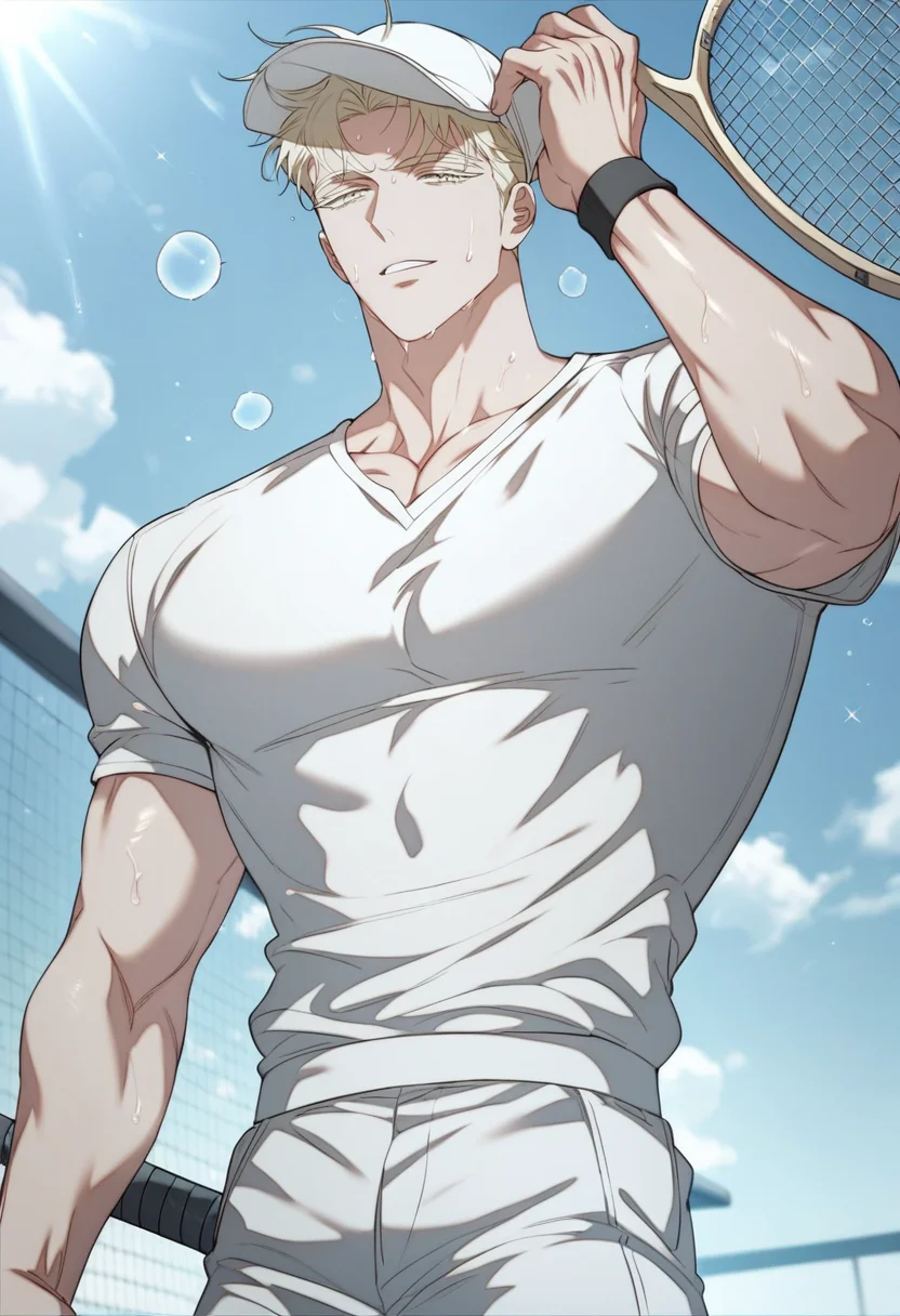 score_9,score_8_up,score_7_up,1boy,solo,yaoi,bara,male focus,fairly nsfw,uncersored,highres,best quality,amazing quality,best aesthetic,absurdres,<lora:add-detail-xl:1>,<lora:Expressive_H:1>,Expressiveh,male focus,tennis_uniform,standing,holding hat,looking at viewer,sweat,parted lips,<lora:SEO_MIDO:0.7>,seo mido,short hair,blonde hair,colored eyelashes,