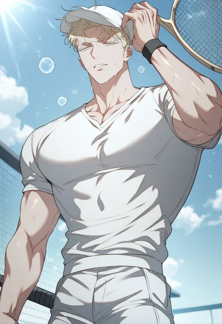 score_9,score_8_up,score_7_up,1boy,solo,yaoi,bara,male focus,fairly nsfw,uncersored,highres,best quality,amazing quality,best aesthetic,absurdres,<lora:add-detail-xl:1>,<lora:Expressive_H:1>,Expressiveh,male focus,tennis_uniform,standing,holding hat,looking at viewer,sweat,parted lips,<lora:SEO_MIDO:0.7>,seo mido,short hair,blonde hair,colored eyelashes,