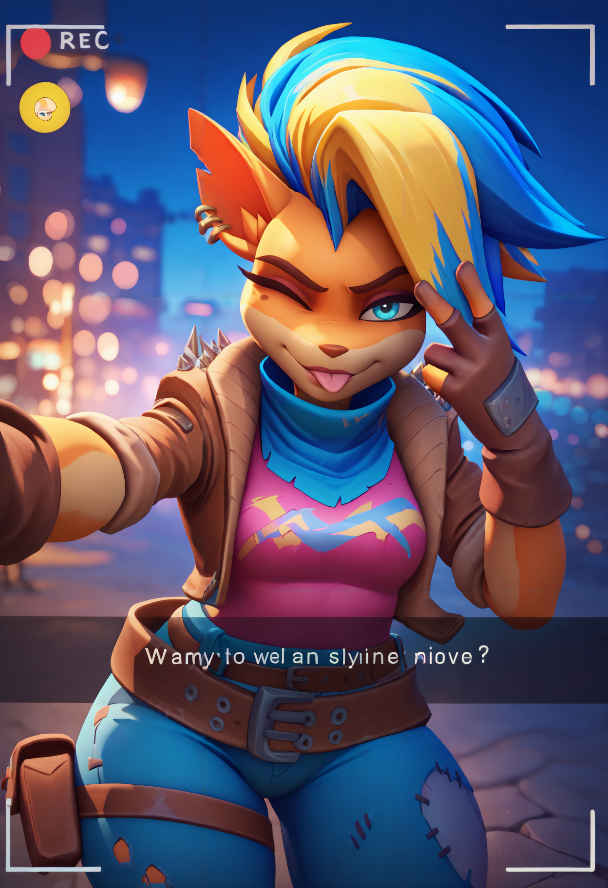 masterpiece, best quality, newest, bokeh, night, outdoors, 1girl, solo, furry female, two-tone fur, orange fur, white fur, two-tone hair, blonde hair, blue hair, mohawk, blue eyes, snout, multiple earrings, mole under eye, brown jacket, cropped jacket, spikes, sleeves rolled up, pink top, blue bandana, brown partially fingerless gloves, brown belt, multiple belts, torn jeans, thigh strap, thigh pouch,  <lora:Pirate Tawna:1> 
selfie, recording, snapchat, tongue out, one eye closed, v over eye