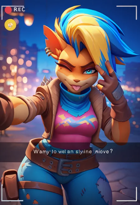 masterpiece, best quality, newest, bokeh, night, outdoors, 1girl, solo, furry female, two-tone fur, orange fur, white fur, two-tone hair, blonde hair, blue hair, mohawk, blue eyes, snout, multiple earrings, mole under eye, brown jacket, cropped jacket, spikes, sleeves rolled up, pink top, blue bandana, brown partially fingerless gloves, brown belt, multiple belts, torn jeans, thigh strap, thigh pouch, <lora:Pirate Tawna:1>
selfie, recording, snapchat, tongue out, one eye closed, v over eye