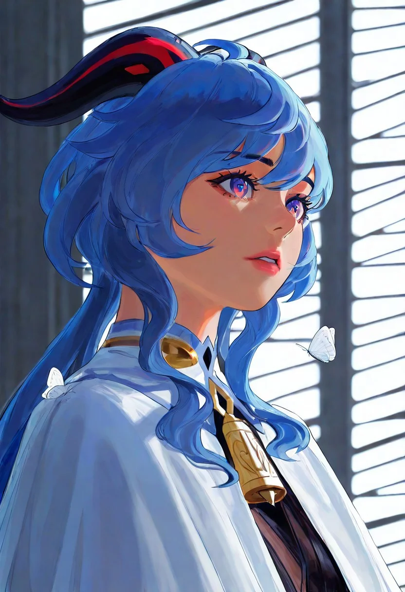 (newest, recent,:1.3), (guweiz, mihifu, bekus, pluvium grandis), realistic, year_2024, year_2023, year_2022, year_2021,
absurdres, highres, best quality, masterpiece, very aesthetic,
genshin impact, ganyu \(genshin impact\), 1girl, black horns, blue hair, bug, butterfly, cloak, feather hair ornament, feathers, hair ornament, horns, lips, long hair, parted lips, portrait, purple eyes, realistic, solo, white cloak, white feathers
indoors, window blinds,