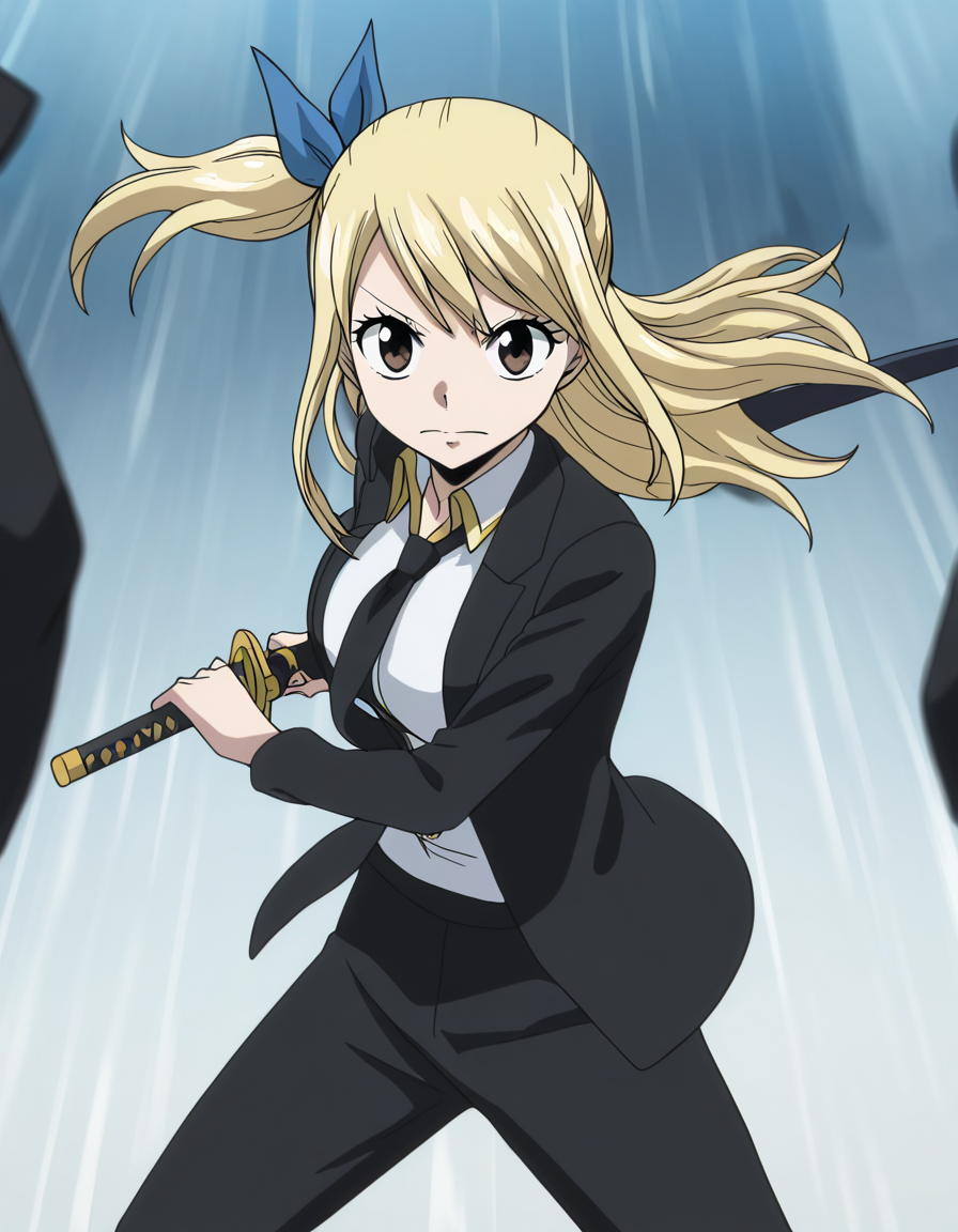 masterpiece, best quality, newest, absurdres, highres, safe,, <lora:lucy-heartfilia-s7-ponyxl-lora-nochekaiser:1>, lucy heartfilia, blonde hair, brown eyes, long hair, one side up, ribbon, hair ribbon, blue ribbon, large breasts, anime screencap, <lora:battoujutsu-stance-illustriousxl-lora-nochekaiser:1>, battoujutsu stance, looking at viewer, holding, weapon, sword, holding weapon, holding sword, standing, katana, sheath, sheathed, fighting stance, ready to draw, shirt, long sleeves, jacket, white shirt, necktie, collared shirt, pants, black jacket, floating hair, black pants, formal, suit, black necktie, black suit, pant suit,, ,
