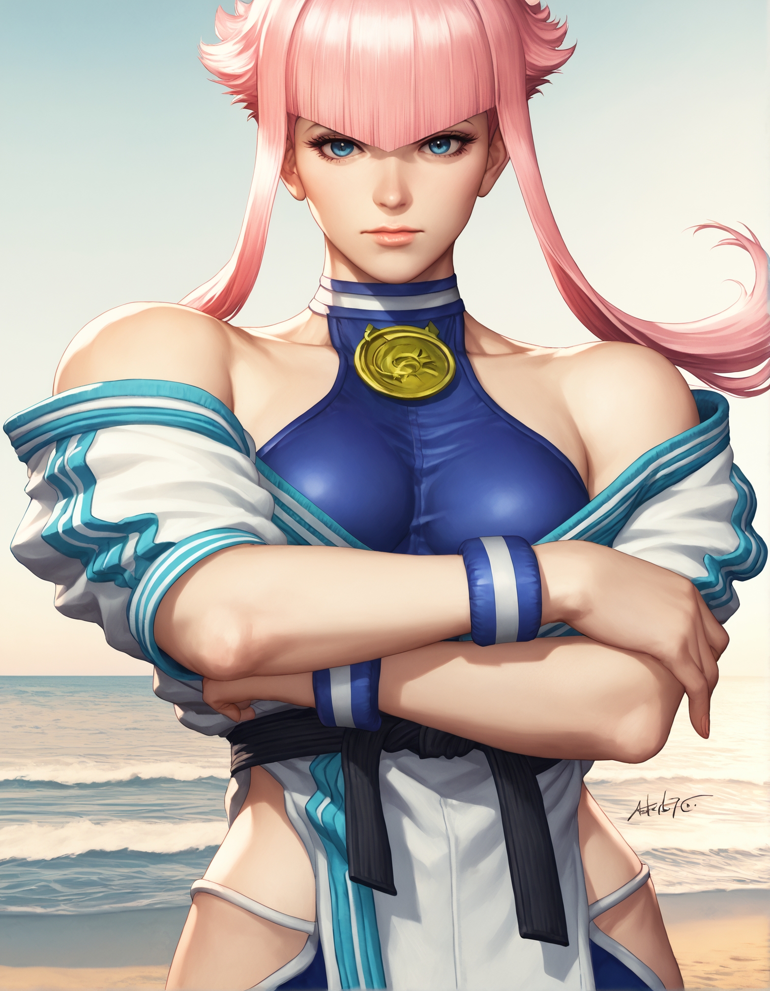 score_9, score_8_up, score_7_up,score_6_up,high resolution,mnon,mnon hair,source_anime,pink hair,1girl,solo,close-up,jacket,bodysuit,bracelet,at beach,volumetric lighting,rim lighting,dof,dramatic shadow,chiaroscuro,standing,crossed arms,looking at viewer