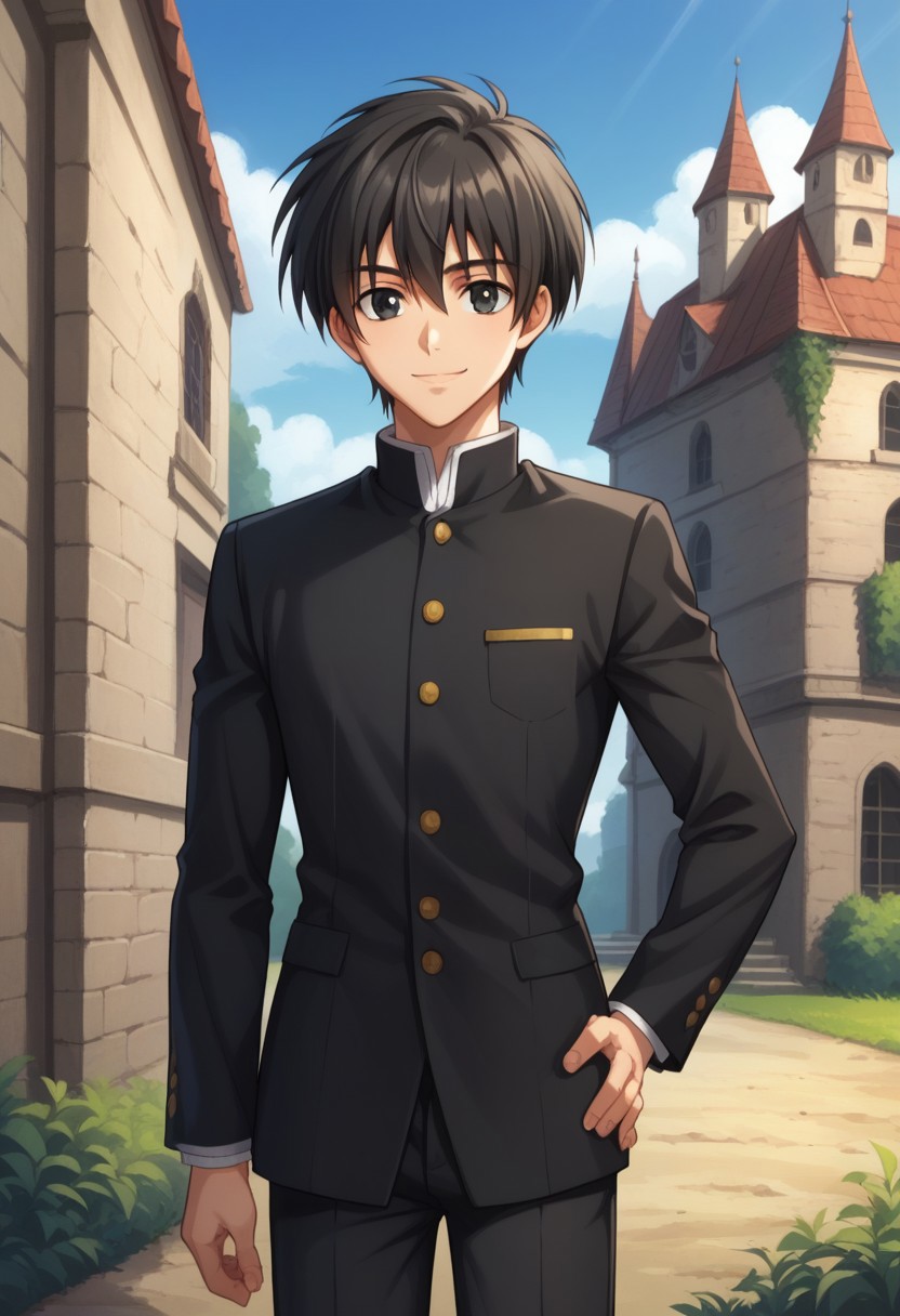 score_9, score_8_up, score_7_up, source_anime, highly detailed,
YuriShibuya, solo, 1boy, male focus, school uniform, gakuran, black jacket, black hair, upper body, long sleeves, standing, pants, hand on hip, looking at viewer,
black eyes, black pants, smile
outdoor, sky, medieval, castle