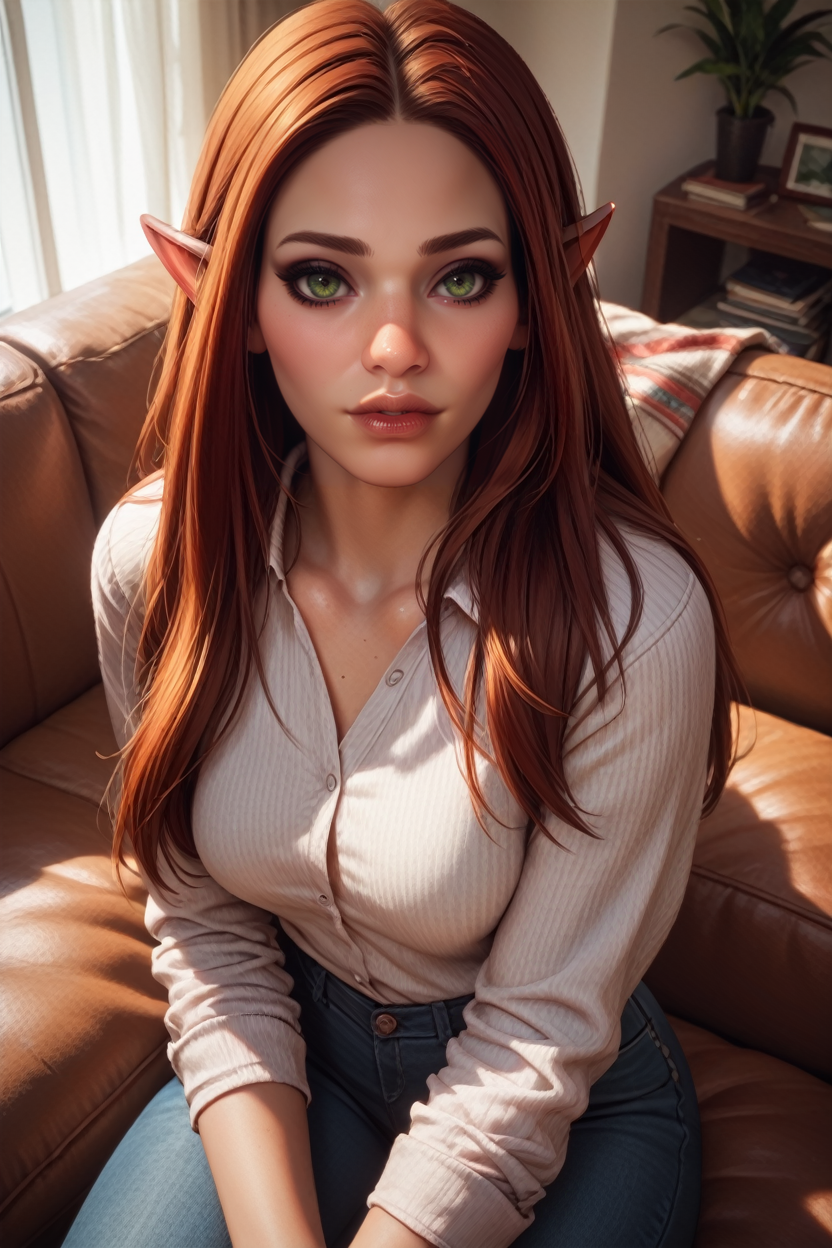 score_9, score_8_up, score_7_up, score_6_up
<lora:DVFRook:0.8>
DVFRook, 1girl, pointy ears, red hair, long hair, green eyes, looking at viewer, Perspective, living room, sitting on a couch, front view, parted lips, from above, face closeup