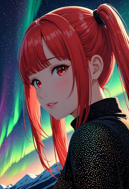 Pointillism style (((masterpiece))),(best quality),4K masterpiece,((ultra-detailed)),highly detailed,detailed shadow,
gold northern lights,closeup of sky, vibrant, highly detailed,1 girl, red hair,twintails