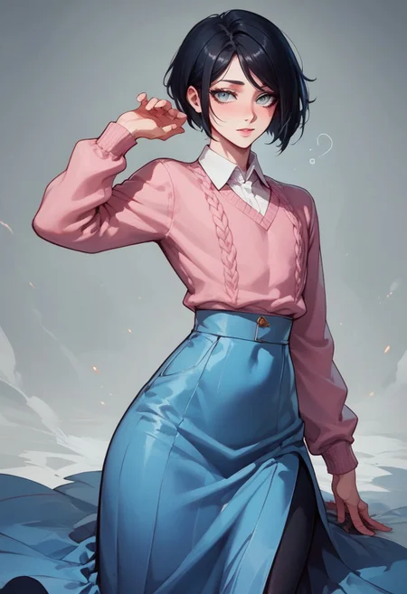 score_9, score_8_up, score_7_up, 1boy, femboy, otoko no ko, short hair, bob cut hair, black hair, grey eyes, gray eyes, feminine face, toned body, Shelly, pink sweater, white collared shirt, long skirt, blue skirt, highly detailed, intricate, zzCitronCAT, pose, modelshoot