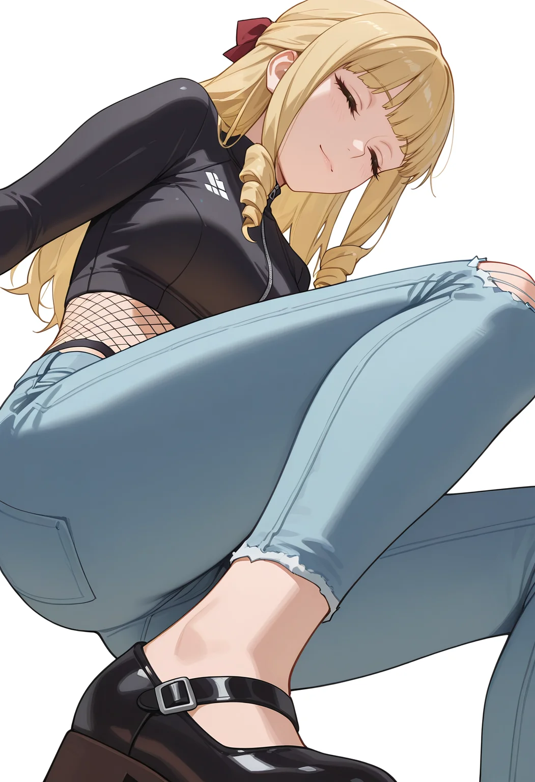 Smooth Quality,masterpiece,very intricate, high quality details, ultra realistic, high detailed skin,detailed enviorement,absurdres,
simple background, white background,
light smile, gentle expression, closed eyes, soft cheeks, relaxed aura,,from below,
fishnet top,  ,rash guard,  ,ripped jeans, , <lora:Fiatoio_Annacnn:0.7> fannacnn, 1girl, blonde hair, green eyes, long hair, blunt bangs, sidelocks, drill hair, mary janes,