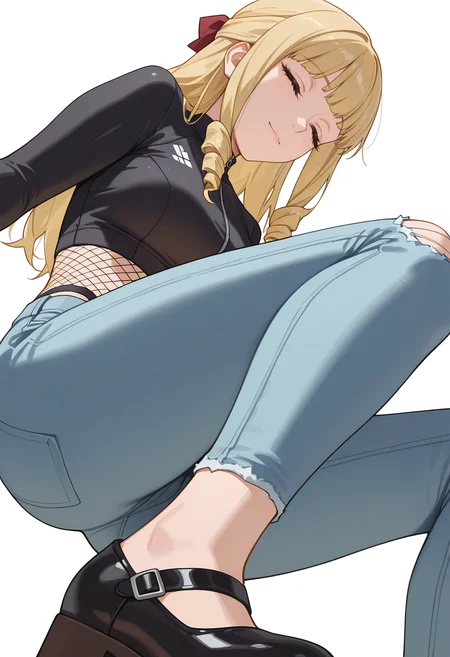 Smooth Quality,masterpiece,very intricate, high quality details, ultra realistic, high detailed skin,detailed enviorement,absurdres,
simple background, white background,
light smile, gentle expression, closed eyes, soft cheeks, relaxed aura,,from below,
fishnet top, ,rash guard, ,ripped jeans, , <lora:Fiatoio_Annacnn:0.7> fannacnn, 1girl, blonde hair, green eyes, long hair, blunt bangs, sidelocks, drill hair, mary janes,