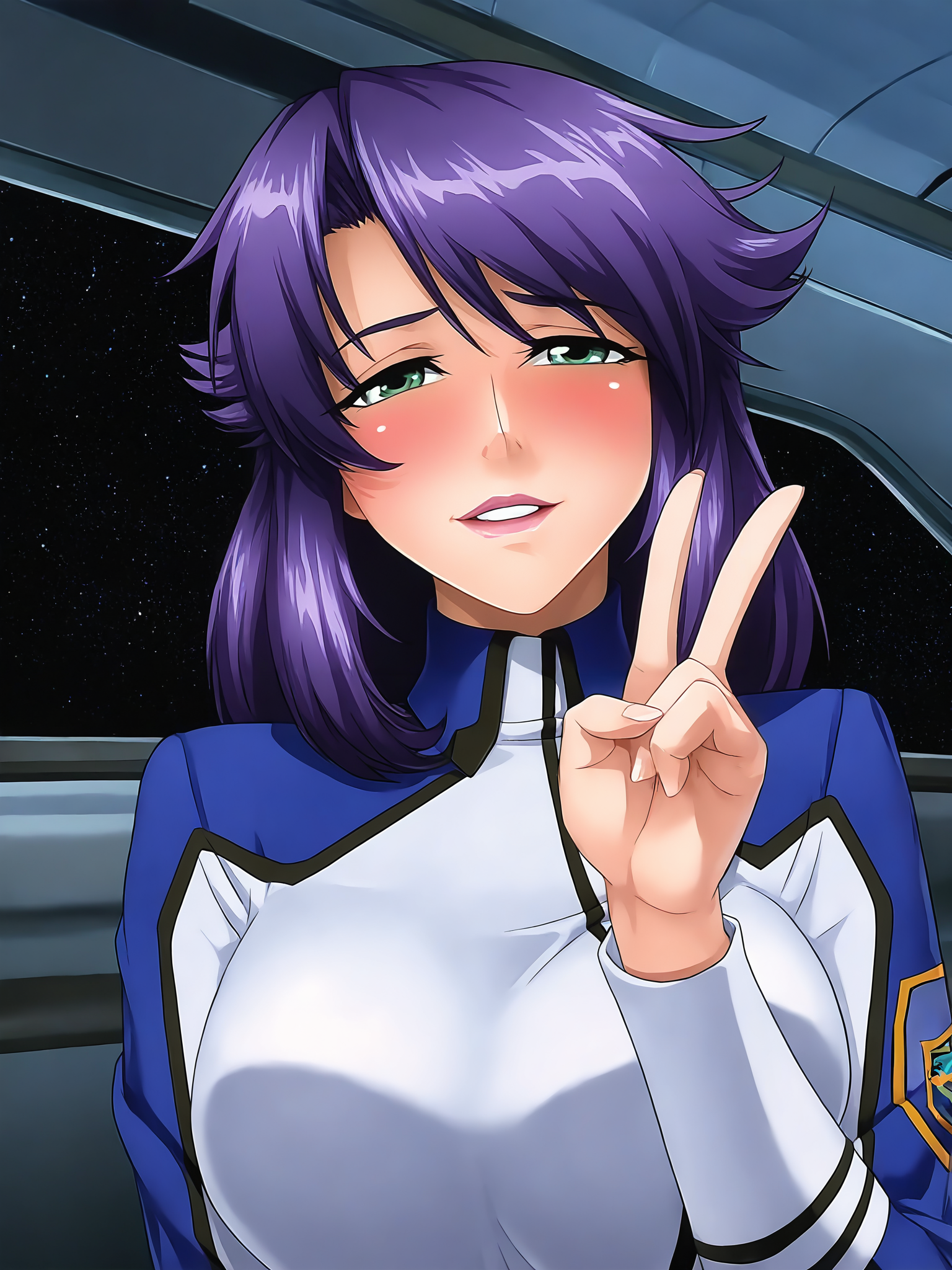masterpiece, good quality, best quality, very as2, shadow,
lieri bishop, standing, close-up, upper body, V,
1girl, solo, mature female,
blush, looking at viewer, parted lips, happy,
purple hair, long hair, green eyes, lipstick,
military uniform,
curvy, large breasts,
indoors, spacecraft, window, space, metal room, spacecraft interior, television, starry sky,
 <lora:LieriBishop3216 NoobAI V-pred:1>