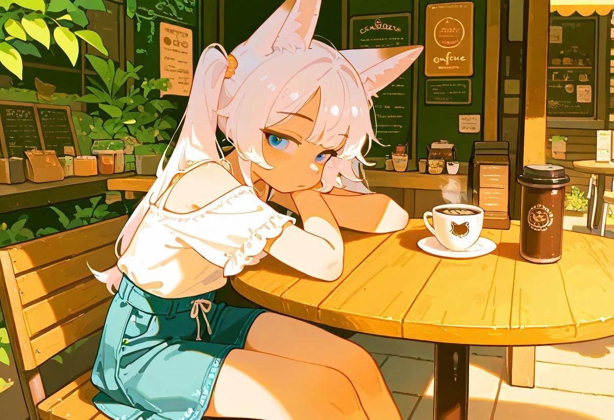 masterpiece, best quality, amazing quality, absurdres, newest, sfw,
1girls, solo, date, outdoors cafe, trendy outfits, summer outfits, shade, sitting at table, coffee, long hair, twintails, white hair, fox ear, candit shot, negative_hand
tianliang_duohe_fangdongye:0.7