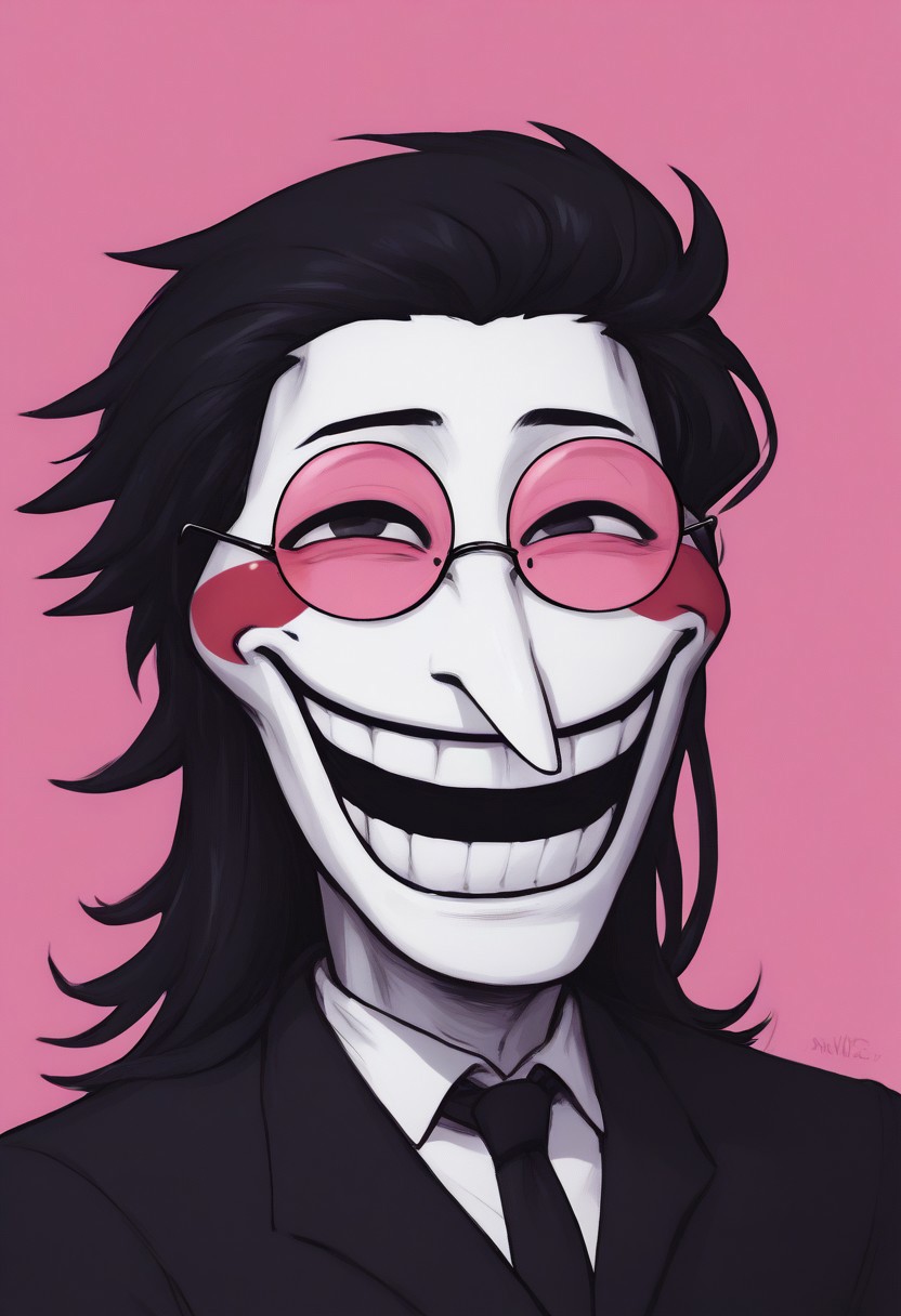 score_9, score_8_up, score_7_up, Expressiveh, score_9,score_8_up,score_7_up,very aesthetic ,(masterpiece:1.4), (best quality), (colorful),  spamton, text "Ha Ha Ha, glasses, TROLLface, big pointed nose, black hair, white skin, blush stickers, pink background, huge jaw, doll joints, hair slicked back, heterochromatic eyewear, colored skin, body, business suit, tie, 
Semi-full face,  look extremely happy, grinning from ear to ear, colored glasses