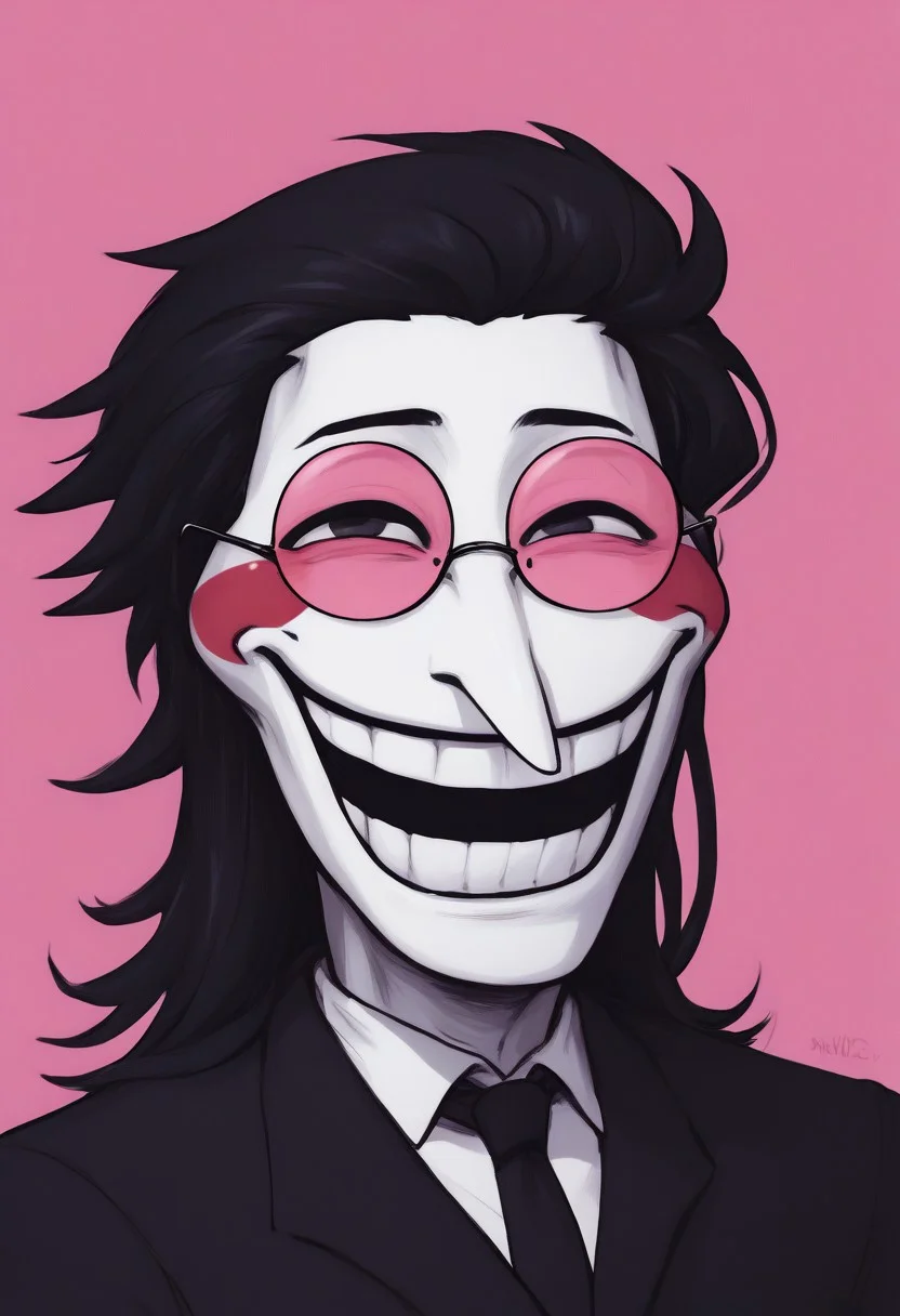 score_9, score_8_up, score_7_up, Expressiveh, score_9,score_8_up,score_7_up,very aesthetic ,(masterpiece:1.4), (best quality), (colorful), spamton, text "Ha Ha Ha, glasses, TROLLface, big pointed nose, black hair, white skin, blush stickers, pink background, huge jaw, doll joints, hair slicked back, heterochromatic eyewear, colored skin, body, business suit, tie,
Semi-full face, look extremely happy, grinning from ear to ear, colored glasses