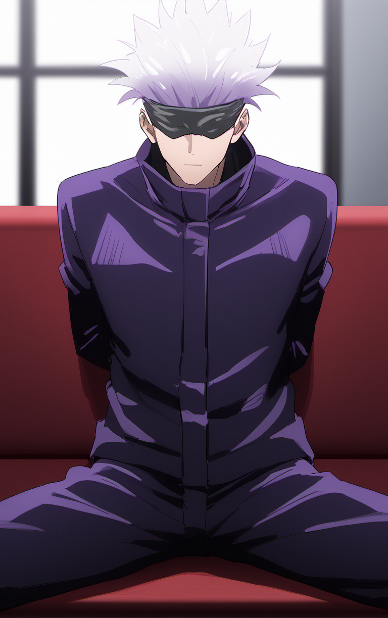 score_9, score_8_up, score_7_up, score_6_up,  solo, looking at viewer, BREAK
Masked_GojouSatoru_ownwaifu, 
1boy, black blindfold, gojou satoru, gradient hair, male focus, white hair, short hair, covered eyes, spiked hair, blindfold, 
black jacket, high collar, long sleeves, black pants, black shirt,
(sitting, spread legs), arms behind back, couch, window shade, indoors, <lora:PONYXL_JujutsuKaisen_GojouSatoru_ownwaifu:0.95> , depth of field 
,