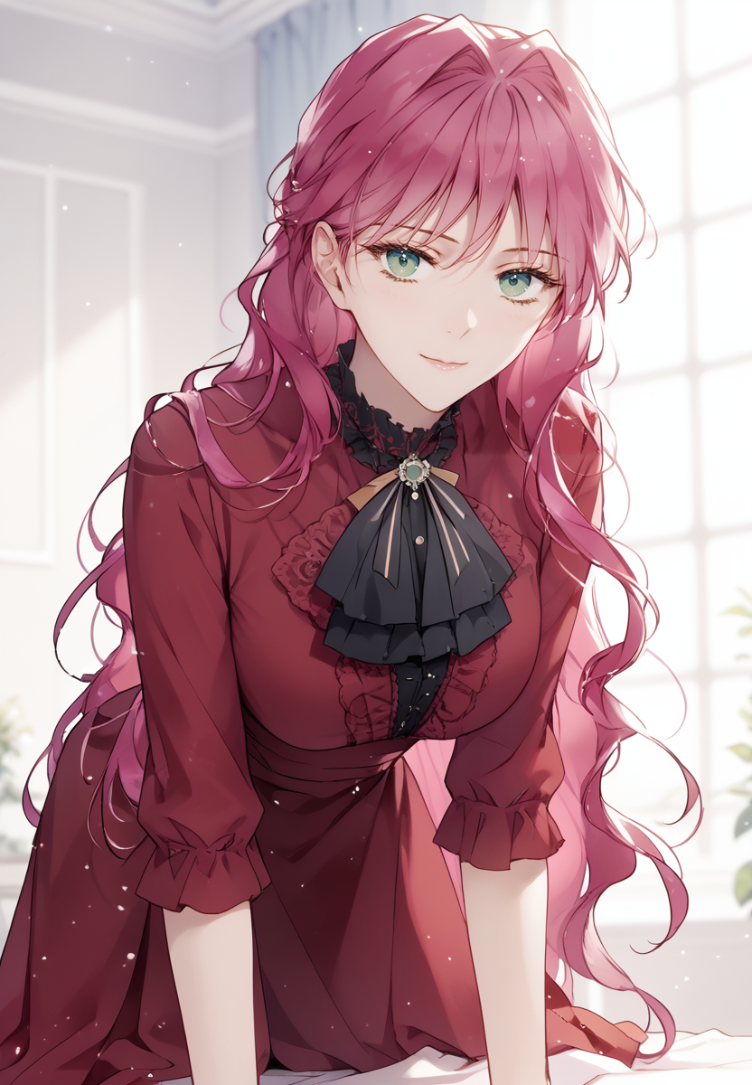 zPDXL3, score_9_up, score_8_up, score_7_up, (Anime_source),Masterpiece,(perfect female body:1.2), small waist,(incredibly detailed:1.4), slim, beautiful fingers, beautiful white skin, Beautiful clear skin, (large breasts:1.4)  thighs, looking at viewer, big breasts, ass, perfect ass, <lora:Penelope_Eckhart_-_Death_Is_the_Only_Ending_for_the_Villainess-Kaleid-PONY:0.8> penelopeeckhart, 1girl,  pink hair, green eyes, (leaning forward:1.4) (spread legs:1.3), red dress, long dress, doggystyle, all fours, closed mouth, light smile,