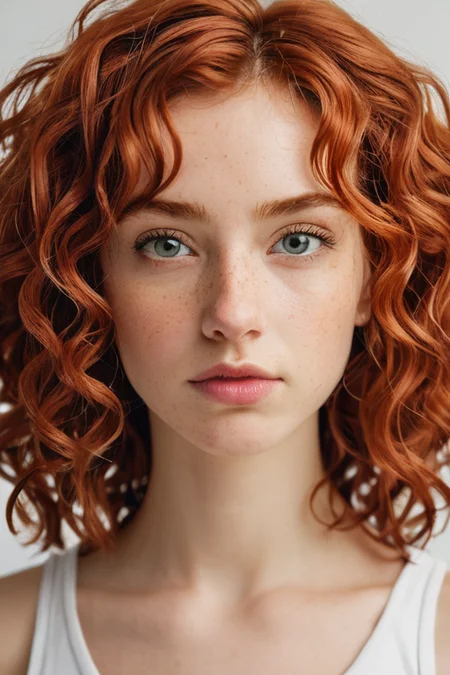 1girl,face,curly hair,red hair,white background