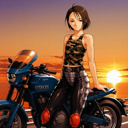 masterpiece, best quality, <lora:Akira_Kazama_Rival_Schools_-_IL:1>, kazama akira, 1girl, flat chest, tanktop, camouflage, biker pants, expressionless, solo, leaning against motorcycle, suzuki \(company\), highway, sea, sunset,