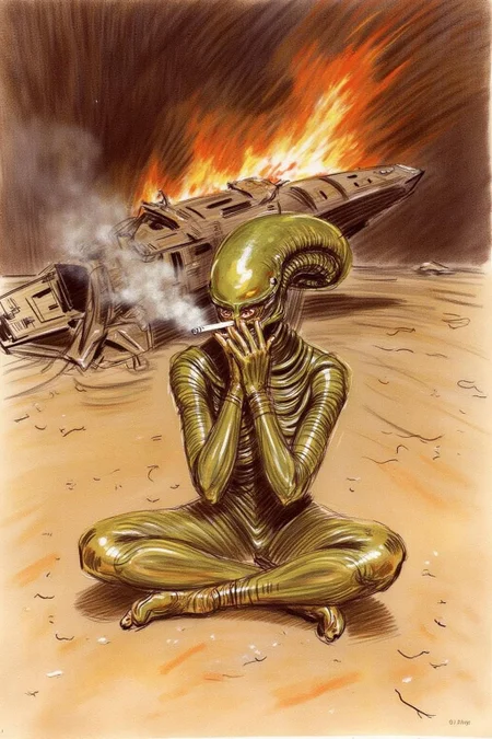 paulcesarhelleu1 illustration. Xenomorph, puffing a cigarette, sitting cross-legged on the ground, a crashed burning spaceship wreckage in the background, desert <lora:paulcesarhelleu1_cap_d6a3e11:1.0><lora:844381048734397111:0>
