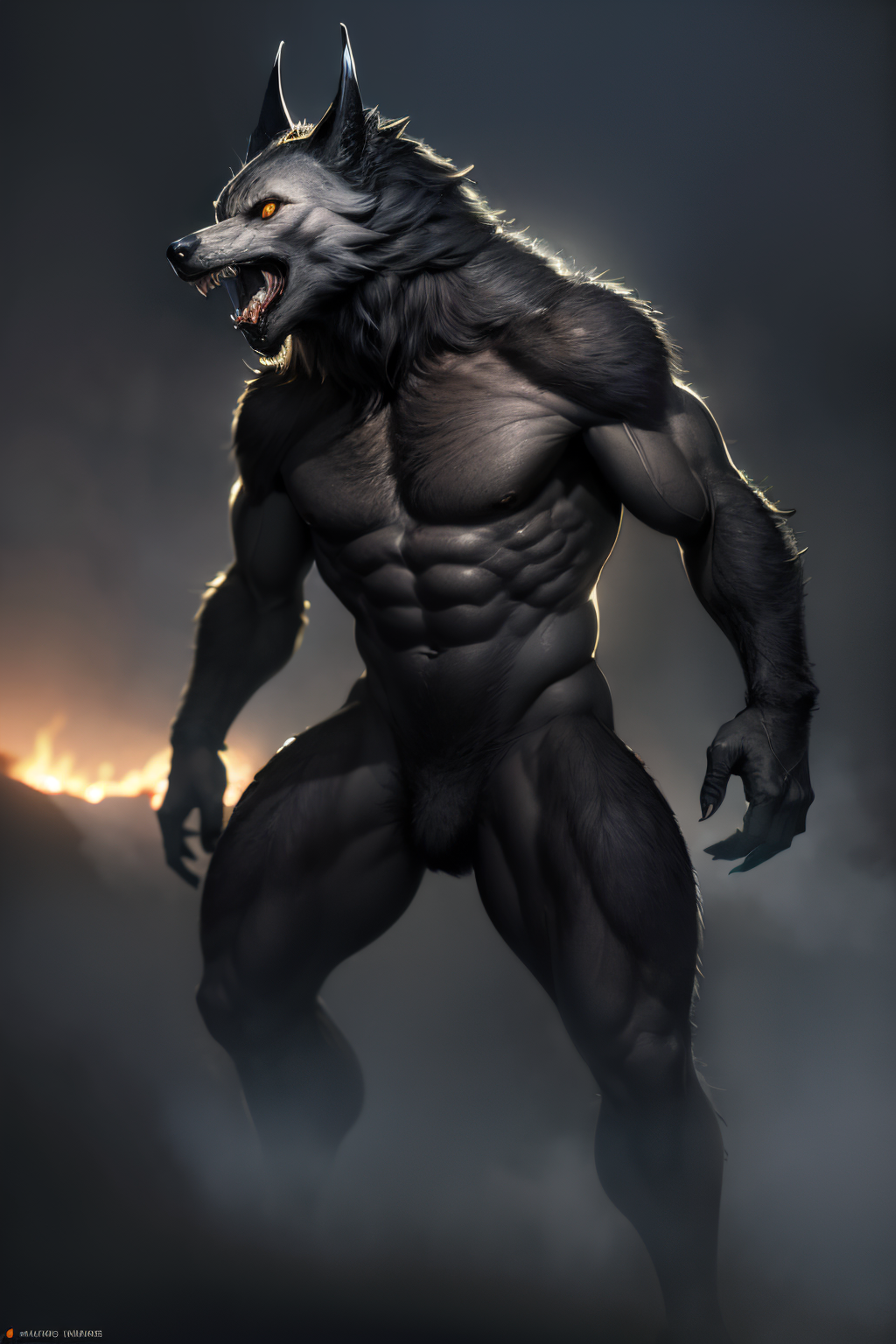 EdobWerewolf  (Realistic:1.5) realistic, godzilla, dated, standing, grey sky, looking at viewer, orange eyes, wolf tail, weapon, male focus, tail, night sky, horns, grey sky, glowing eyes, fog, saliva, fire, abs, jewelry, blurry background, open mouth, <lora:EdobWerewolf_v1.0:0.8>
