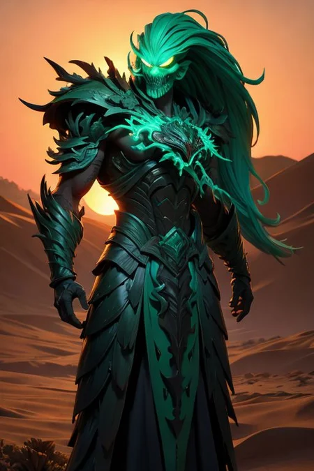 monster of branched wood titans in armor, full-length, angry look, shining thirst, glow of malachite veins, wood carved grace, random leaves, endless desert, sand dunes, sunset, high resolution, hyper detail, fantasy, hyperrealistic, aesthetic,