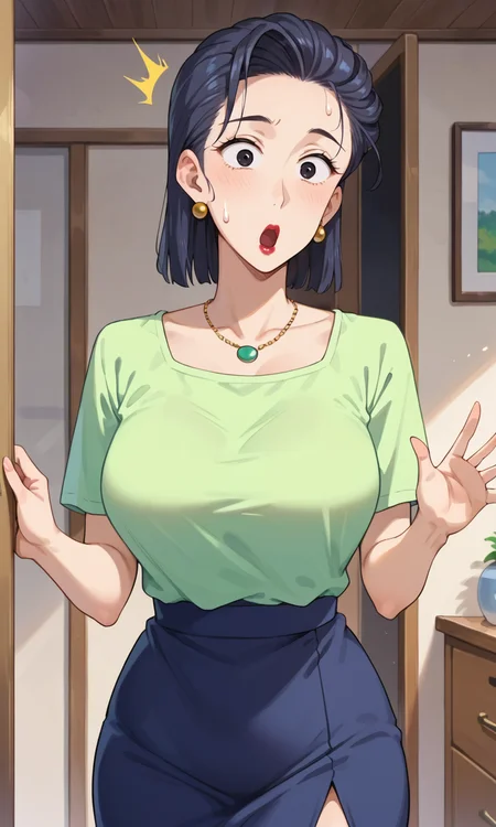 (1girl:1.5), (solo:1.3), (score_9, score_8_up, score_7_up, score_6_up, score_5_up, score_4_up), (source_anime), rating_questionable, looking at viewer, (cowboy shot:1.3),indoors, entrance, (surprised,sweatdrop:1.5)
<lora:kazama-mineko_v2:0.8> (kazama-mineko), (black eyes, eyebrows, eyelashes, dark blue hair, medium hair, hair slicked back, forehead, red lips, parted lips, mature female), (large breasts, wide hips, thick thighs), (green shirt, wide neck shirt, dark blue skirt, earrings, necklace),
hands up,
