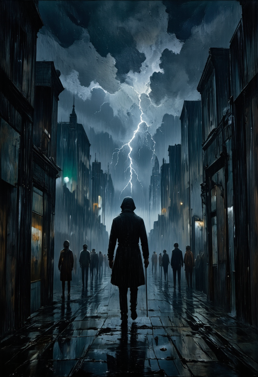 A lonely figure walking through a heavy rainstorm, illuminated by distant lightning, Melancholic Weather, in memadukan_painter art style, <lora:Memadukan_Brush_Strokes_of_Fineart-000006:1.0>