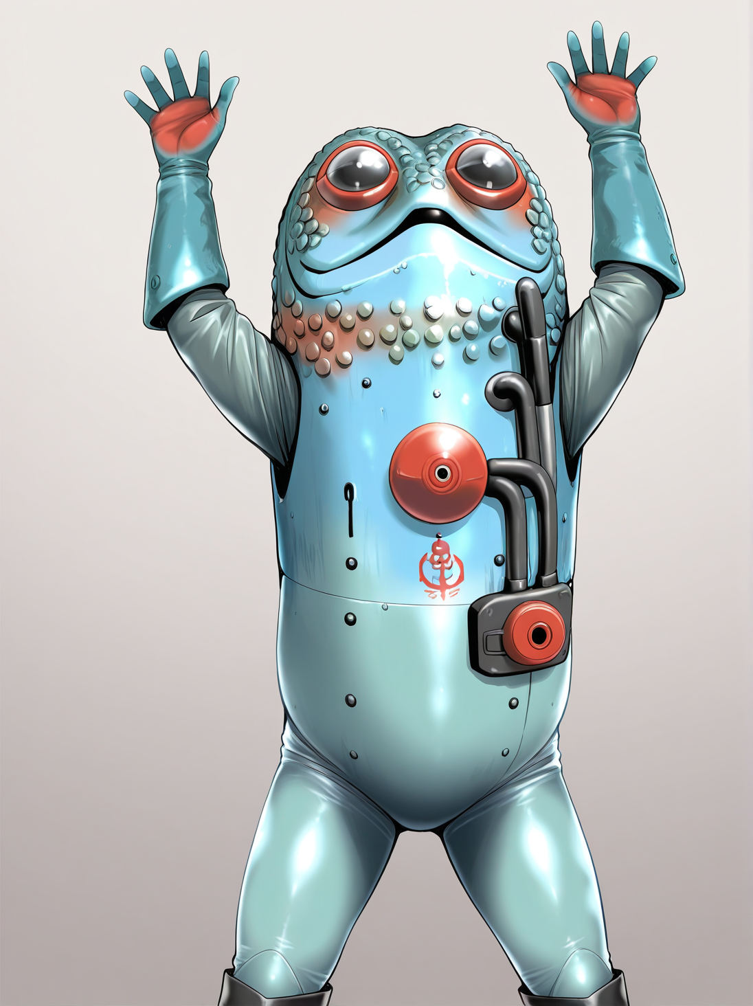 <lora:f_daiou:1> f_daiou,best quality, masterpiece, ,cowboy shot,   <lora:gamaboiler_il20:1> gamaboiler,gloves,boots,arms_up,