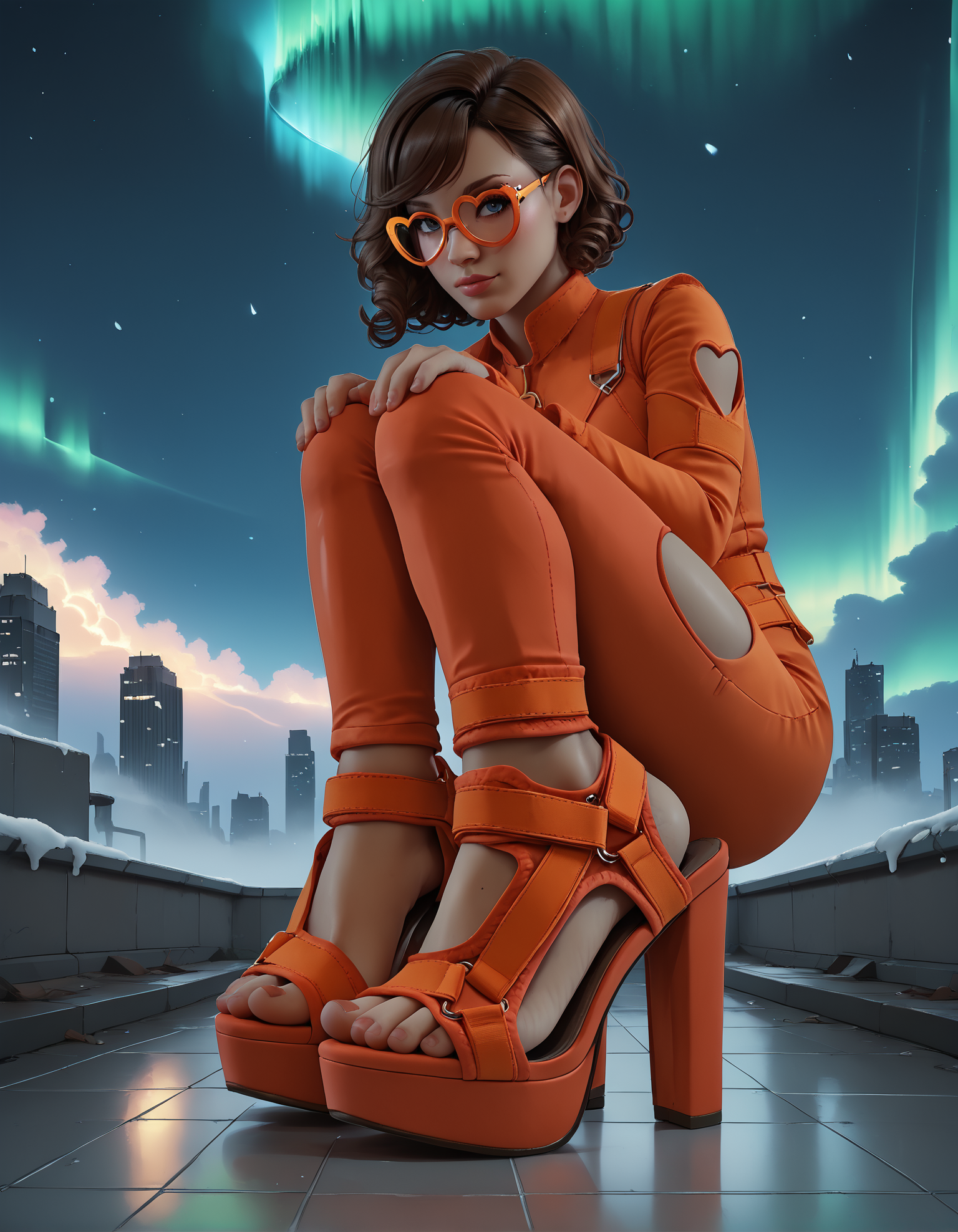 1girl, dark skin,
squatting, (rooftop:1.3), (skyline:1.2),  
from side,
red bodysuit, heart-shaped cutout, sexy attire,
brown hair, short hair, curly hair, 
(sp0rts4nd4l heels), feet, toes,
fromb elow, foot focus,
heart-shaped glasses, orange frame glasses,
snowing, aurora borealis, 
night, dark, dark background, Low-key lighting,
color grading,
embedding:zPDXL2 ,