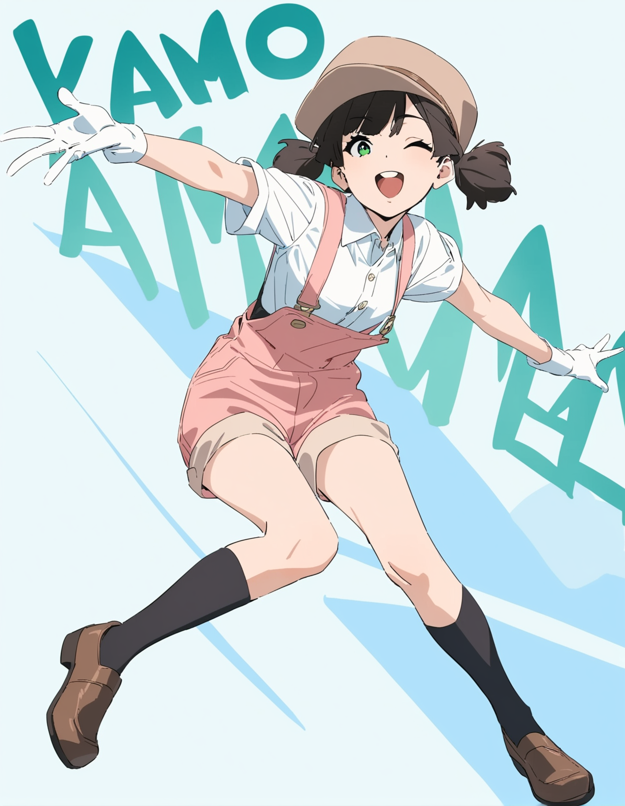 1girl, 
kamo kamen, 
open clothes, smile, teeth, white gloves, brown footwear, overalls, round teeth, short twintails, outstretched arms, pink overalls, character name, one eye closed, green eyes, brown headwear, twintails, :d, dress shirt, black socks, upper teeth only, shoes, short hair, buttons, solo, hat, black hair, collared shirt, socks, short sleeves, full body, open mouth, white shirt, wing collar, shirt, gloves, kneehighs, suspenders, overall shorts, 
masterpiece, best quality, newest
 <lora:kamo_kamen_image373_2024-03-28_a31:1>