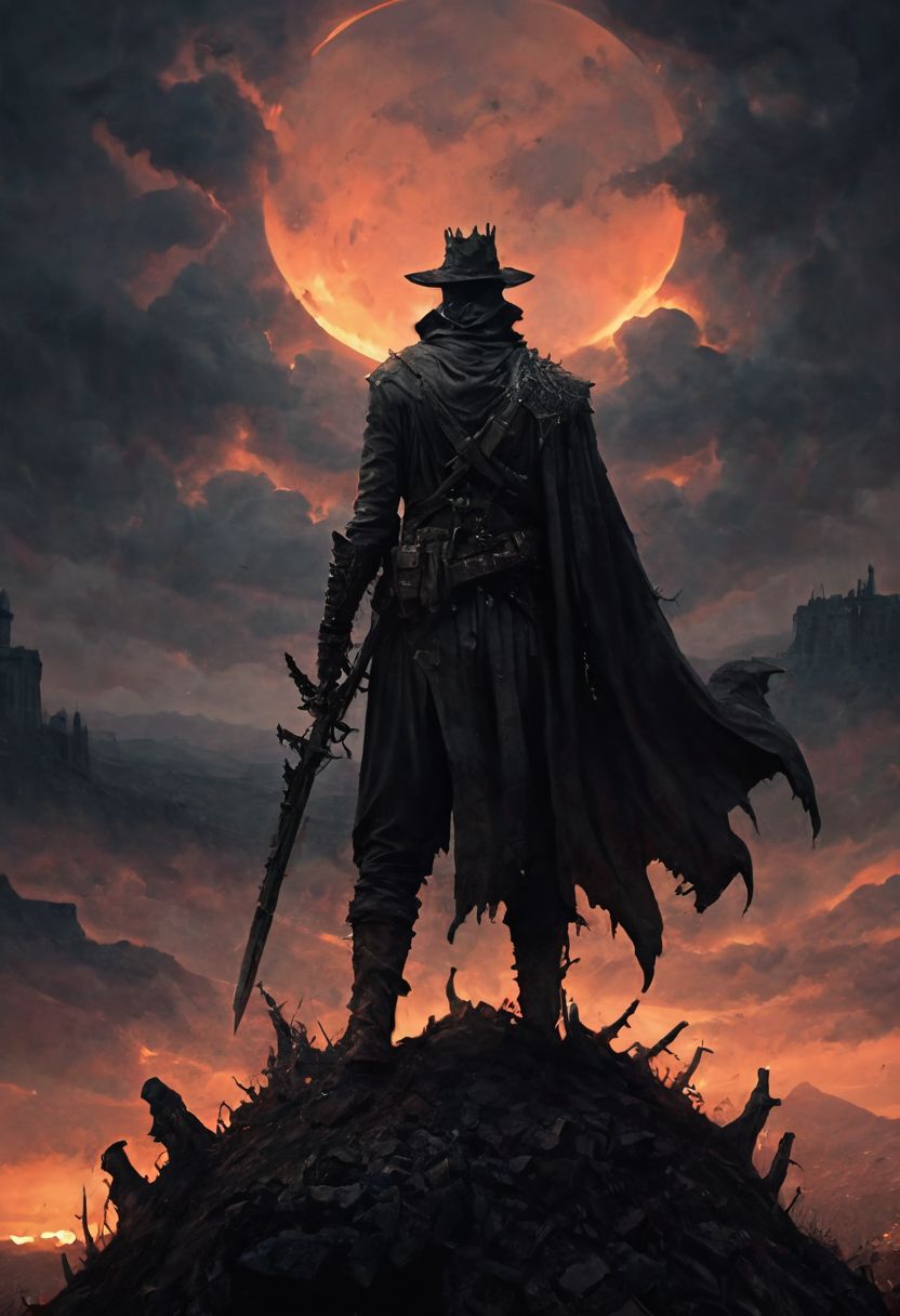 score_9, score_8_up, score_7_up, grimdark, under an apocalyptic sky, a warrior of darkness standing atop a barren hill, a blissful nightmare or a bad dream, solo male, masterpiece, realistic, best quality, ral-chrosc-bw, Bloodborne, Style-Volumetric, CS-RBW