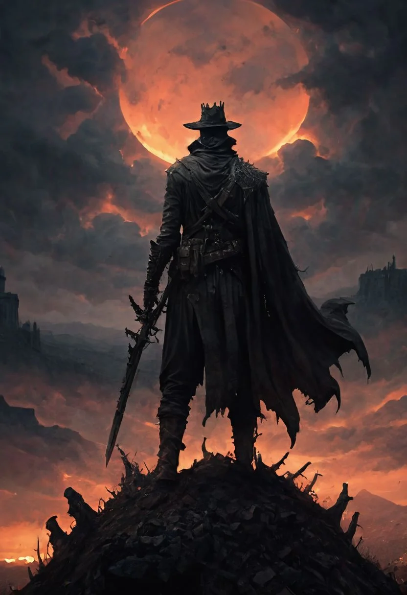 score_9, score_8_up, score_7_up, grimdark, under an apocalyptic sky, a warrior of darkness standing atop a barren hill, a blissful nightmare or a bad dream, solo male, masterpiece, realistic, best quality, ral-chrosc-bw, Bloodborne, Style-Volumetric, CS-RBW