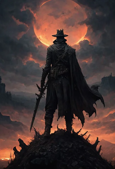 score_9, score_8_up, score_7_up, grimdark, under an apocalyptic sky, a warrior of darkness standing atop a barren hill, a blissful nightmare or a bad dream, solo male, masterpiece, realistic, best quality, ral-chrosc-bw, Bloodborne, Style-Volumetric, CS-RBW