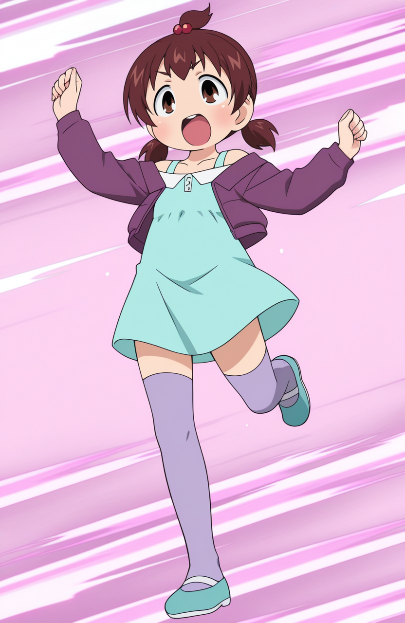 1girl, solo,
murai futaba, brown hair, short twintails, topknot, hair bobbles, brown eyes, child, purple mao jacket, aqua dress, off-shoulder dress, purple sheer thighhighs, aqua flats, standing, one foot forward, raised arms, excited expression, vibrant energy,
 <lora:Mitsudomoe:0.9> mitsudomoe, extremely detailed, highres, masterpiece, best quality
