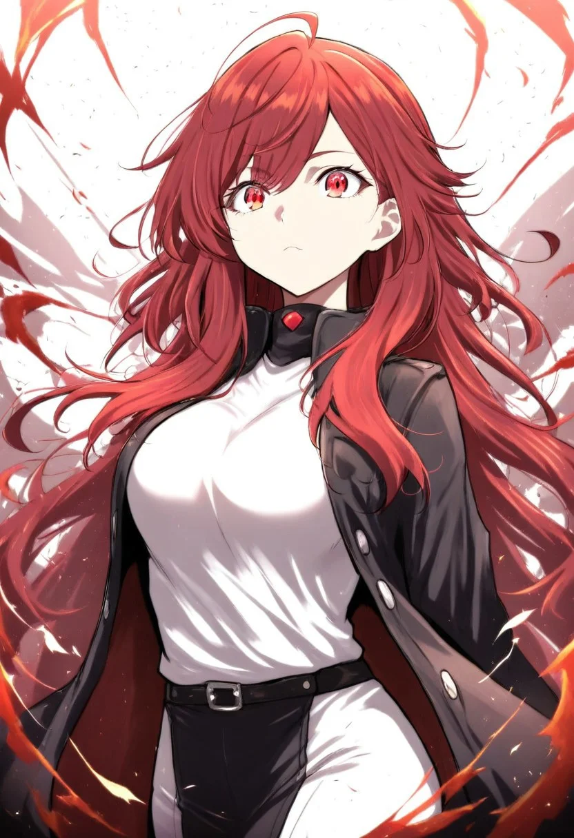1girl, rating_safe, Asahina Suzuka, groman-ka club, art by kyouan, red eyes, long hair, red hair, red hair, tremblings, masterpiece, high score, great score, absurdres