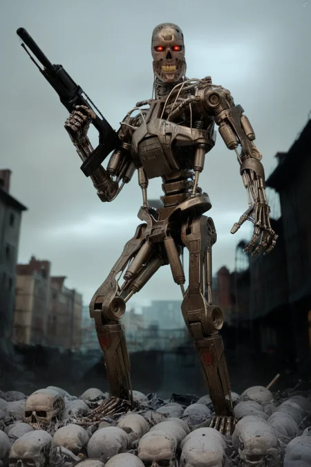 T800_Endo, Terminator robot, score_9, score_8_up, score_7_up, (source_IRL, source_movie), cinematic, realistic, masterpiece, high quality, highres RAW photo, ((full body shot))
a T800_Endo Terminator Robot with red eyes, he is made of metal, <lora:T800_Endo_Terminator_Pony_v1-000013:1>
(standing, holding a futuristic gun)
in a destroyed apocalyptic city, with skulls covering the ground, dark cloudy skies, Apocalyptic Landscape, destroyed city
dynamic lighting, highly detailed, intricate details, shadows, at night