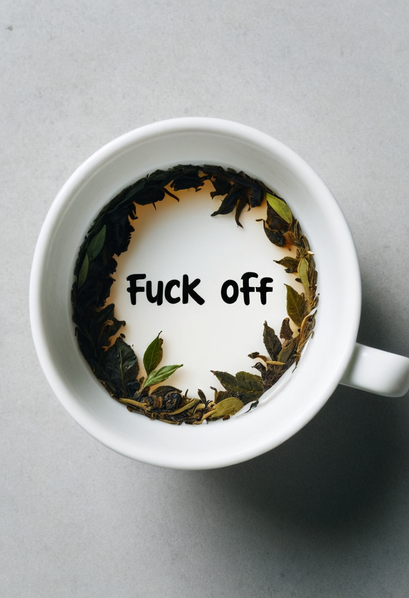 martius_tea <lora:Tea_Leaf_Reading_Style:1> text with the words "Fuck Off"