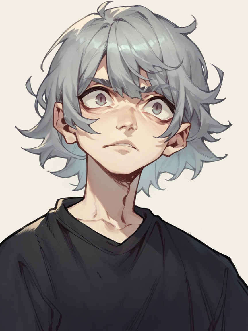 score_9, score_8_up, score_7_up, score_6_up, score_5_up,  <lora:jabro_64XLP:1> jabro_64, bangs, black shirt, solo, grey hair