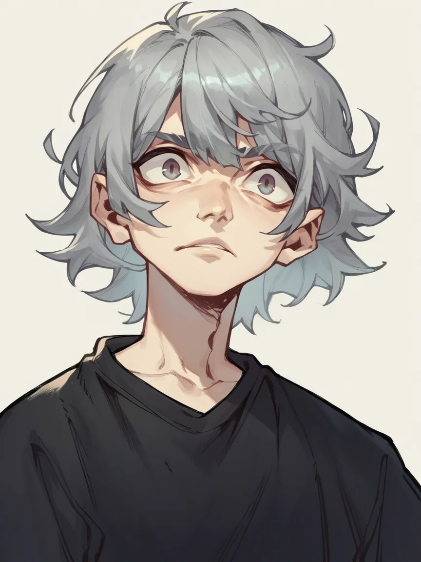 score_9, score_8_up, score_7_up, score_6_up, score_5_up, <lora:jabro_64XLP:1> jabro_64, bangs, black shirt, solo, grey hair