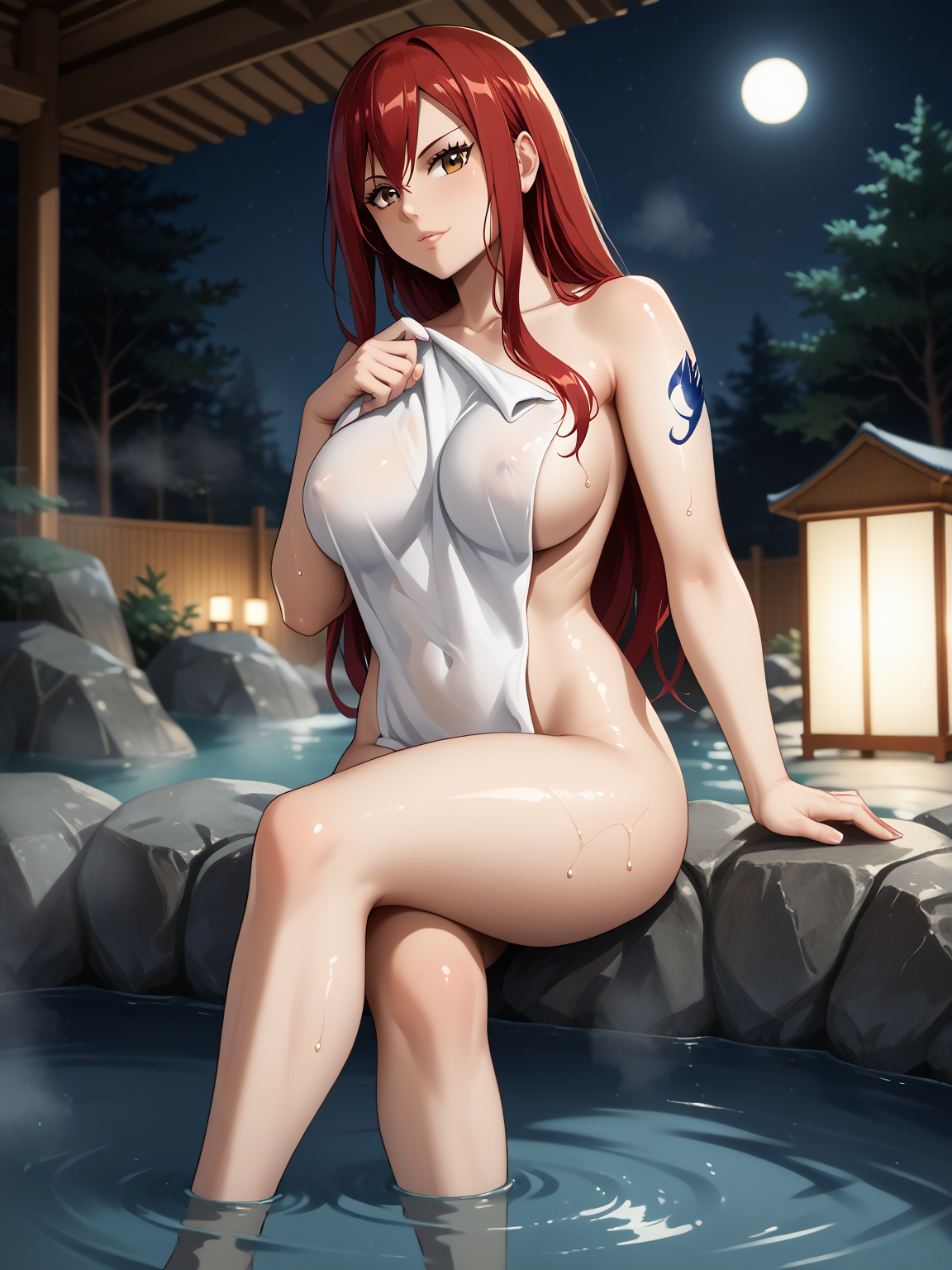 score_9, score_8_up, score_7_up, score_6_up, score_5_up, score_4_up, source_anime, detailed eyes, beautiful eyes, <lora:PONYXL_FD-MegaBreastPack:0.7>  <lora:Erza_Scarlet_V2_r1:1> ErzaScarlet, red hair, long hair, very long hair, hair over eye, brown eyes, sanpaku eyes, arm tattoo, blue tattoo, onsen, rising steam, a lot of steam, hot water, night, lanterns, <lora:PonyXL Action - towelPony:1> naked towel, bath towel, sweaty, confident, perky breasts, covered nipples, holding towel with on hand, large breasts, sitting, crossed legs, dark lighting, shadows, dark background,