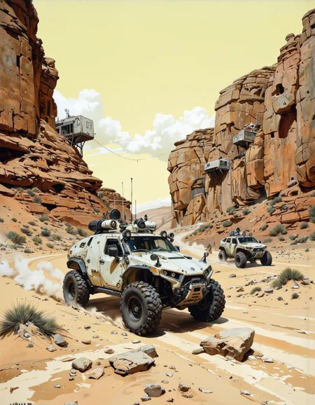 By theaicolab. This image is a highly detailed digital illustration rendered in a sepia-toned palette, giving it a vintage, almost film noir feel. The scene depicts a desolate, rocky landscape reminiscent of a desert planet, with towering, eroded rock formations on either side. The foreground features a futuristic, armored vehicle with large, rugged tires, designed for off-road travel. The vehicle's design is sleek and angular, with a cockpit that appears enclosed and equipped with various sensors and communication devices. The vehicle is moving through the sand, leaving a trail of dust behind it, which adds to the sense of motion and urgency.
In the background, there are additional vehicles, including a smaller, more compact one, and what appears to be a research or exploration station, perched precariously on the edge of a cliff. The sky is a muted, pale yellow, with a few wispy clouds suggesting a dry, arid climate.
The textures in the illustration are meticulously detailed, with the rocks appearing rough and weathered, and the sand showing a gritty, coarse appearance. The overall mood is one of exploration and adventure in a harsh, unforgiving environment, with a strong emphasis on the technological advancements and the ruggedness of the terrain. <lora:The_AI_Colab:1>